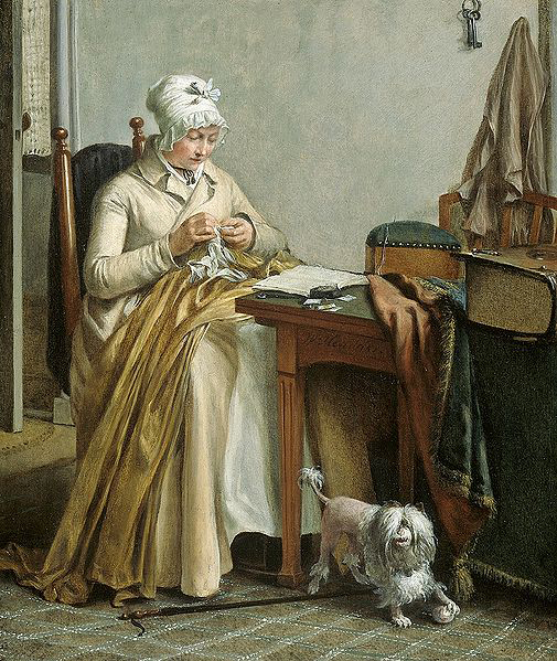 Interior with sewing woman.